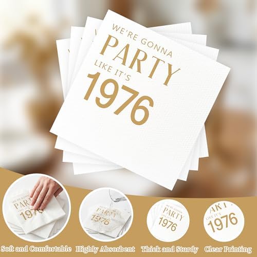 50th Birthday Cocktail Napkins Gold, 100 Pack We're Gonna Party Like It's 1976 Disposable Paper Beverage Cocktail Napkins for Women Her 50th Birthday Party Decorations, 5x5" (1976 Gold)