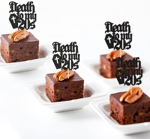 24Pcs Black Death to My 20s Cupcake Toppers Death to My Twenties Cupcake Picks for Gothic 30th Birthday Funeral 30th Birthday Anniversary Cupcake Decorations Rip to My Youth Emo Party Decorations