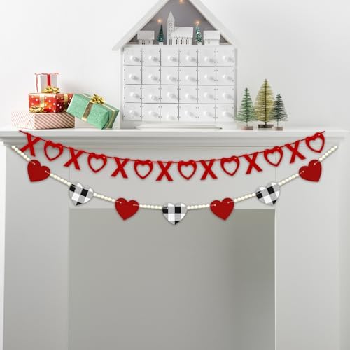 Valentine's Decoration, Red Black White Buffalo Plaid Heart Felt Wooden Bead Garland for Tiered Tray Hanging XOXO Felt Banner for Home Farmhouse Office Wall Fireplace Mantel Shelf Wedding Decor, 4.6Ft
