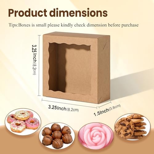 3.2x3.2x1.5 Inches 100PCS Chocolate Truffle Boxes Mini Bakery Boxes with Window for Cookies,Soap,Donut, Macaron,Brownie(Brown)