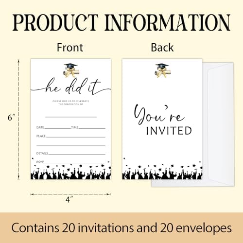 Graduation Invitations 2026 with Envelopes - 20 Pack Class of 2026 Graduation Party Invitations, 4x6 Inch Fill-in Graduation Announcements for High School or College - A11