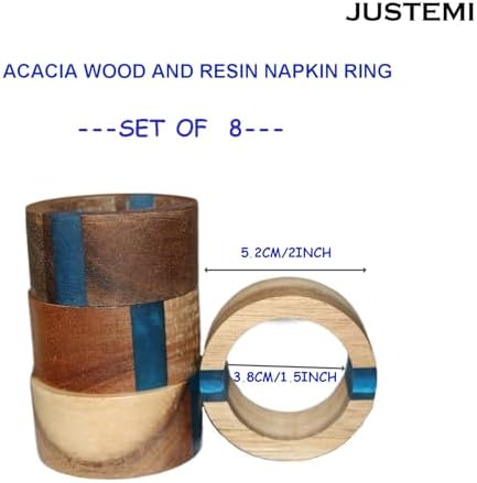 Wooden Napkin Rings Set of 8 for Dinning Table Decor - Acacia Wood Resin Napkin Holder Blue Napkin Ring for Home and Kitchen Décor (Round Shape)