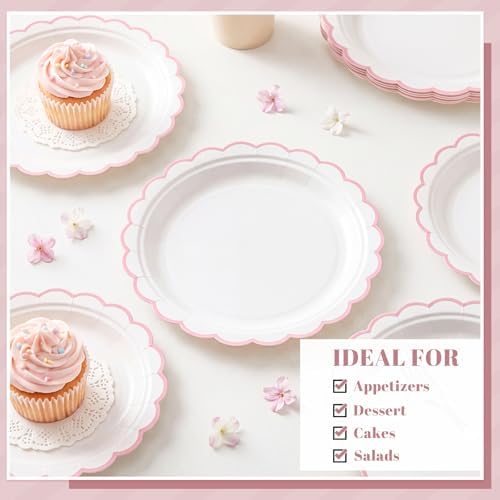 NatNarr 30 Pk Pink Paper Plates 7" Scalloped Pink White Dessert Cake Plates