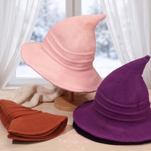 Boyiee Knitted Witch Hat Foldable Wide Brim Cap Pointed Felt Hat for Women Halloween Cosplay Costume Masquerade Accessory