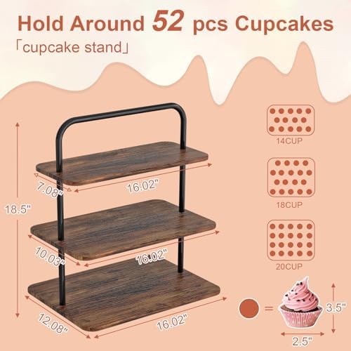 VyGrow Cupcake Stand, 3-Tier Dessert Stand for 52 Cupcakes, Wood & Metal Tower Display Premium Holder Dessert Tree Tower for Christmas Birthday Weddings Party Decor, Serving Tray, Wood Brown, 2-pack
