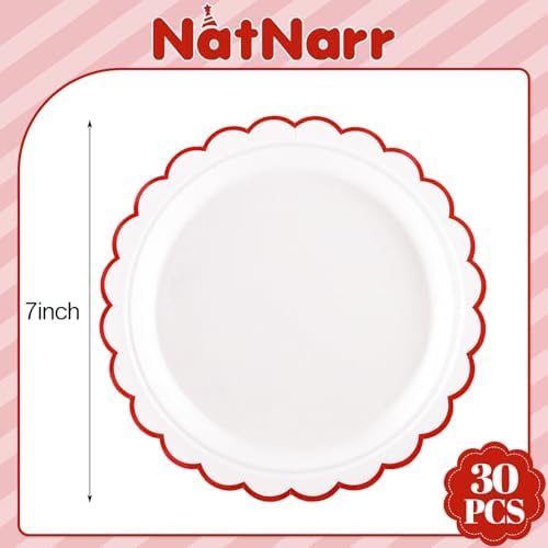 NatNarr 30 Pk Red Paper Plates 7" Scalloped Red White Dessert Cake Plates