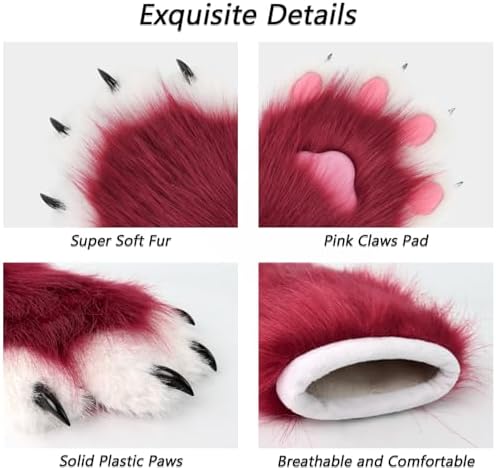 Faux Fur Plush Furry Cat Claw Gloves Fursuit Animal Fox Paws Mittens Halloween Cosplay Costume Accessories for Adult