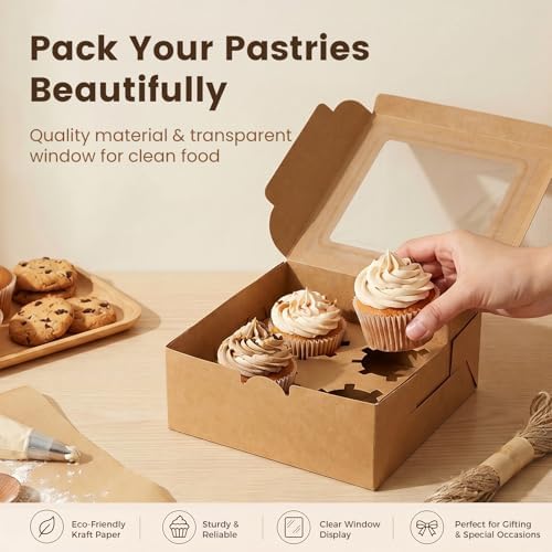 OAMCEG 6x6x3Inch Cupcake Boxes with Window,50 Pcs Cookie Bakery Boxes,Brown