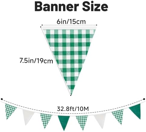 G2PLUS Green and White Gingham Fabric Bunting Banner, 32Ft Cotton Burlap Triangle Garland for Xmas, Wedding Décor, Birthday, Picnic, BBQ, Golf Party & Outdoor Celebrations