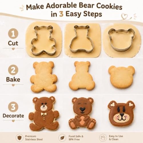 Teddy Bear Cookie Cutter Set - 3 Pieces Stainless Steel for Baking