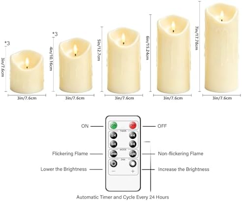 Nimiko Flameless Candles with Remote, Battery Operated Flickering Flameless Candles, LED Candles with Timer 2/4/6/8H, Realistic Drop Wax flameless Candle Set of 9 (D3 x H 3" 4" 5" 6" 7") (Ivory)