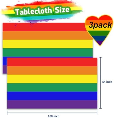 3 Pieces 54 x 108 Inches Rainbow Plastic Tablecloth, Disposable Rectangle Pride Striped Table Covers for LGBTQ Events, Wedding Decorations, Pride Month, Summer Picnic, and Birthday Supplies
