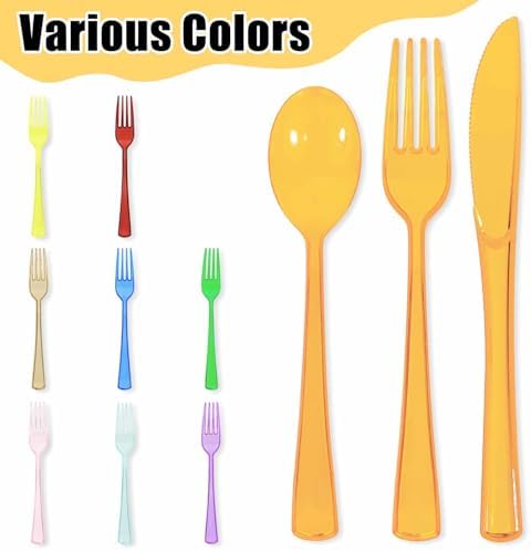 HEIPINIUYE 75 Pack Orange Clear Plastic Cutlery Heavy Duty Clear Fall Plastic Knives Forks and Spoons Disposable Silverware Set for 25 Guest Birthday Baby Shower Thanksgiving Party Utensil Set