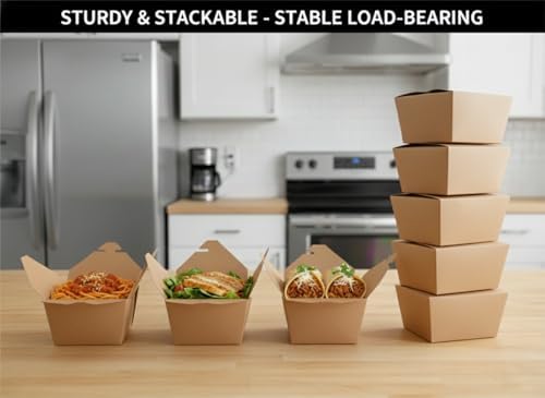 Kraft Food Containers with Lids, 50 Pack 30 oz Disposable Take Out Boxes, Microwave Safe & Leak Resistant Paper Food Containers for Meal Prep, Restaurant, Catering & Food Delivery