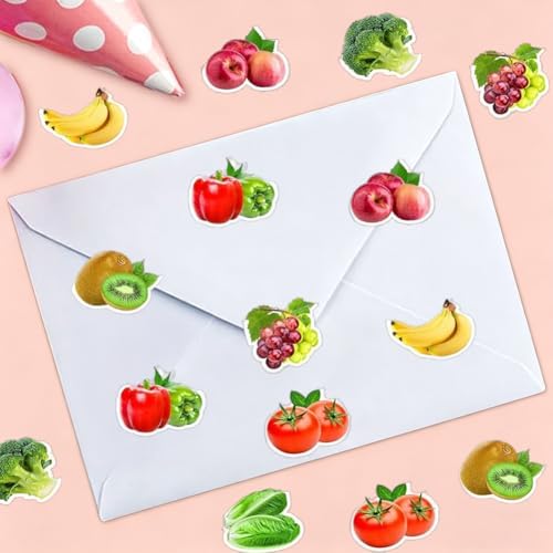 500PCS Fruit Stickers Rolls 8 Styles Fruits and Vegetables Sticker 1in Self-Adhesive Waterproof Vinyl Stickers Decor for Birthday Party Envelopes Scrapbook Decorations