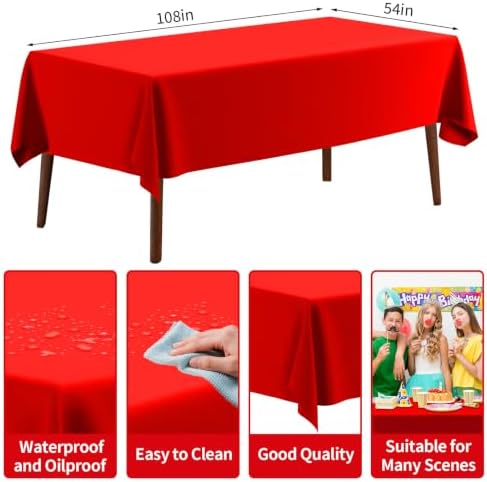 4 Pack Plastic Tablecloth 54" x 108"Disposable Red Tablecloth Rectangle Plastic Table Cover for 6 to 8 Foot Tables Indoor or Outdoor Parties Birthdays Weddings Christmas