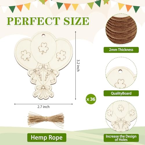 36PCS Wooden St. Patrick's Day Ornaments to Paint Shamrock Cutout Decorations,12 Styles DIY Blank Unfinished Wood Shamrock Cutouts Ornament for Tree Home Crafts Hanging, Hat Beer Gifts Indoor Spring