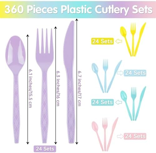 Kochorie 360 Pieces Pastel Plastic Cutlery Set, Macaron Colors