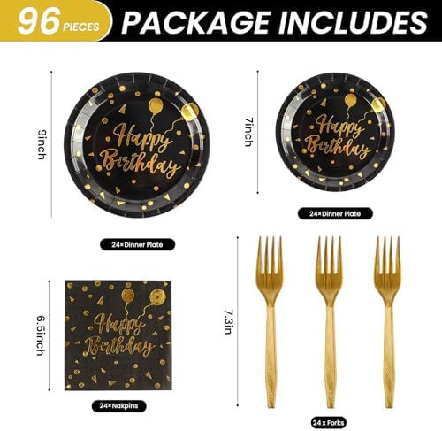 96PCS Happy Birthday Plates and Napkins Party Supplies, Black and Gold Disposable Paper Plates and Napkins with Forks Tableware Set for Birthday Party Decorations 24 Guests (Birthday Black)