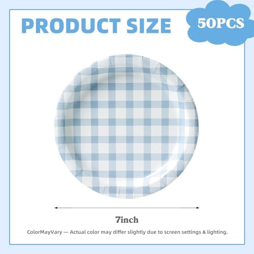 Vyntra 50 Pcs Blue Gingham 7 Inch Round Paper Dessert Plates