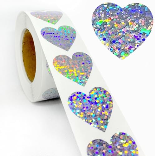 500 PCS Silver Glitter Heart Stickers, 1.5inch Silvery Metallic Sparkling Stickers Self Adhesive Waterproof Reflective Love Decorative Labels for envelopes Valentine's Day Mother's Day Decor