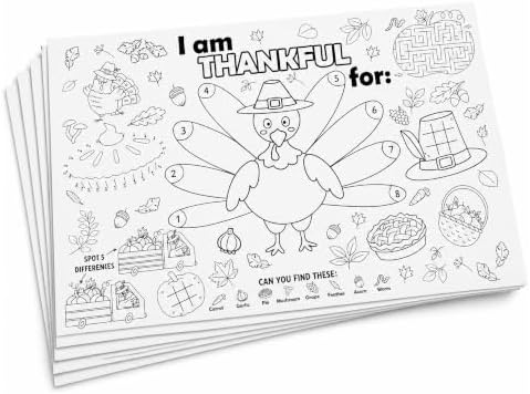 24 Count Thanksgiving Color Your Own Placemats – I Am Thankful for Turkey Coloring Activity Placemat for Kids, Thanksgiving Table Activity, Classroom Crafts