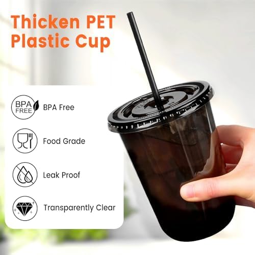 50 Sets - 16oz Black Plastic Cups with Lids and Straws