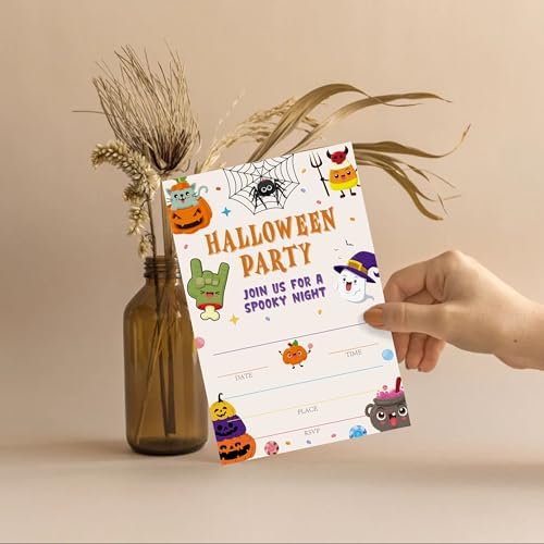 SIXEIGHT Cute Halloween Party Invitations, Funny Ghost Pumpkin Halloween Invitations for Boys Girls, 25 Pack Cute Invite Cards with Envelopes, Wedding Birthday Baby Shower Party Decorations-E12