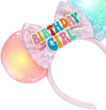 LED Mouse Ears Light Up Birthday Girl Hair Bow Headband, Flash Glowing Party Decoration Headwear for Women Girls