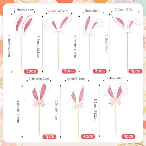 Easter Cupcake Toppers, 24 Pcs Easter Bunny Ear Cupcake Toppers, Glitter Pink Rabbit Ears Cupcake Picks Topper Easter Bunny Rabbit Cake Decorations for Easter Girls Birthday Party Decorations Supplies