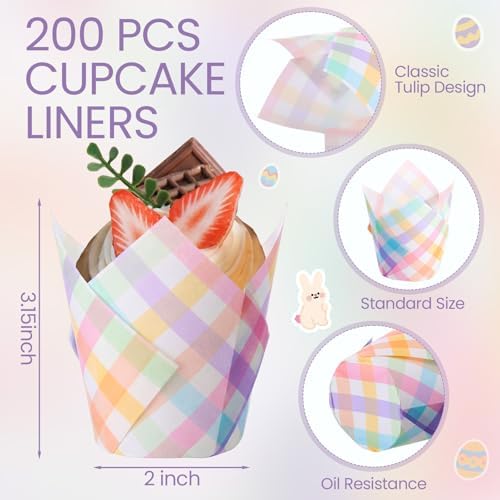 Maxdot 200 Pcs Easter Plaid Tulip Cupcake Liners for Baking Pastel Plaid Paper Muffin Baking Cups Spring Gingham Tulip Muffin Liners Wrappers for Easter Baby Shower Wedding Birthday Party Supply