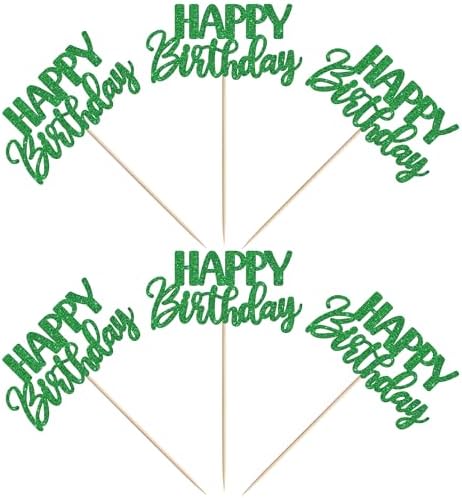 30 PCS Happy Birthday Cupcake Toppers Glitter Happy Birthday Cupcake Picks for Celebrating Anniversary Theme Christmas Party Cake Decorations Supplies Green