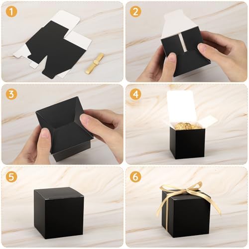 EUSOAR Black Favor Boxes, 120pcs 3x3x3 Inches Small Gift Boxes Mini Bakery Cookies Candy Box with Gold Ribbon, Square Paper Chocolate Containers for Wedding Birthday Bridal Party Favor Decoration