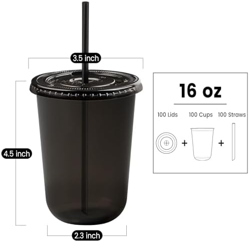 100 Sets - 16oz Black Plastic Cups with Lids and Straws