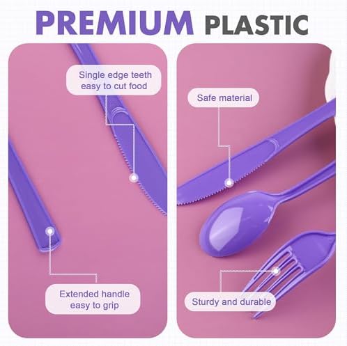 Kochorie 300 Pieces Purple Plastic Silverware, Disposable Plastic Utensils, Heavy Duty Cutlery Set Heavyweight Flatware Includes Spoons Forks Knives for Birthday Party Prom Night Wedding Dinner