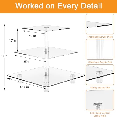 Clear Square Cupcake Stand 3 Tier Acrylic Cupcake Display Tower with Base