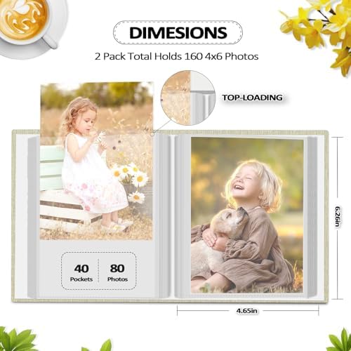 Popotop 2 Pack Photo Album 4x6 Pictures, Small Linen Slip-in Photo Albums Book for 80 Photos with 40 Pockets, Birthday Gifts for Women Mom Family Baby