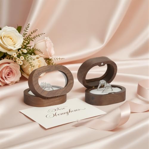 KUKUVR Oval Wooden Ring Box with Clear Window, Ring Holder Box for Wedding Day Engagement Proposal, Jewelry Gift Storage Box for Women (White - 2 Slots)