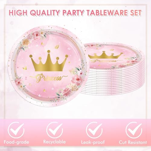 40Pcs Princess Birthday Party Decorations,Pink Princess Castle Birthday Themed Tableware Includes Paper Plates,Napkins Set for Kids Girls Baby Shower Fairy Tale1st Party Decorations,Serves 20