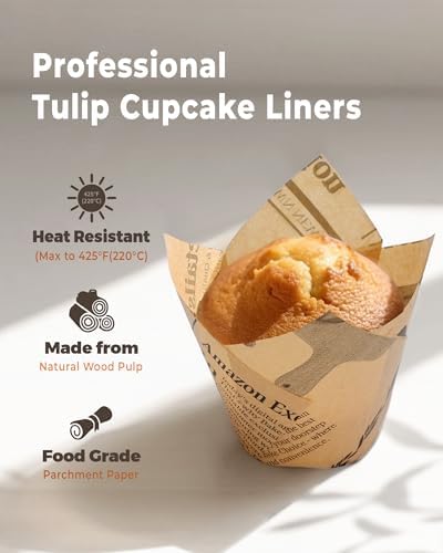 Bake Choice 200pc Standard Tulip Cupcake Liners for Baking, Newspaper Print