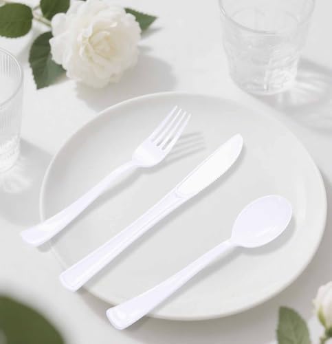 HEIPINIUYE 75 Pack White Plastic Cutlery Heavy Duty White Plastic Knives Forks and Spoons Disposable Silverware Set for 25 Guest Camping Birthday Baby Shower Party Cutlery Set
