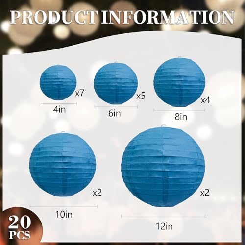 20Pcs Royal Blue Paper Lanterns for Parties, 4” 6” 8” 10” 12” Chinese Asian Hanging Round Paper Lanterns for Birthday Wedding Halloween Christmas Home Decor Party Decor
