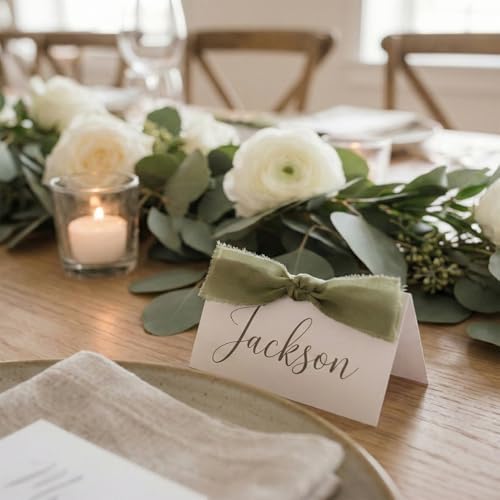 50Pcs Premium Place Cards, Small Table Cards with Green Ribbon, 2" x 3.5" Tent Card, Name Card, Wedding Place Cards for Wedding, Valentines Day, Table, Dinner Parties, Seating Card
