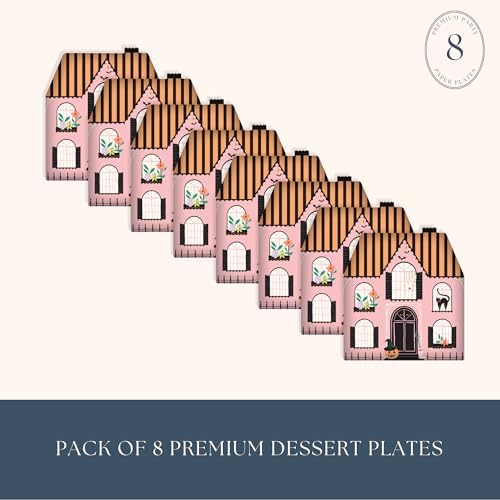 Bonjour Fête Pink Haunted House Large Plates, Pack of 8, 10.5"