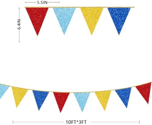 30Ft Carnival Circus Party Decorations Glitter Red Blue Yellow Pennant Banner Flag Triangle Bunting Garland Streamers for Carnival Birthday Circus Clown Graduation Dog Paw Party Decor Supplies
