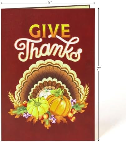 POPWOW Thanksgiving Turkey Pop Up Card, Pumpkin, Give Thanks, 3D Popup Greeting Cards, Gifts for Mom, Grandma, Girl, Women, Fall Table Decorations, 5x7 - Includes Envelope And Message Note