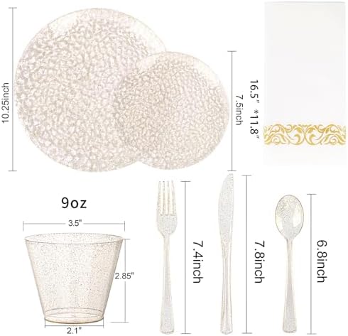 Rubtlamp 350 Pcs Gold Glitter Plastic Plates, Hammered Disposable Plates Set (50 Guests), Glitter Dinnerware Set Include 100 Plastic Plates, 150 Glitter Silverware, 50 Cups And 50 Napkins