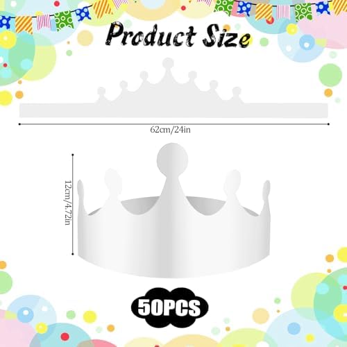 50 Pcs White Paper Crowns Bulk, DIY Blank Birthday Party Crown Classic Style Paper Birthday Crowns for Classroom Party Hats Decorations Baby Shower Supplies (24 x 4.7 in)