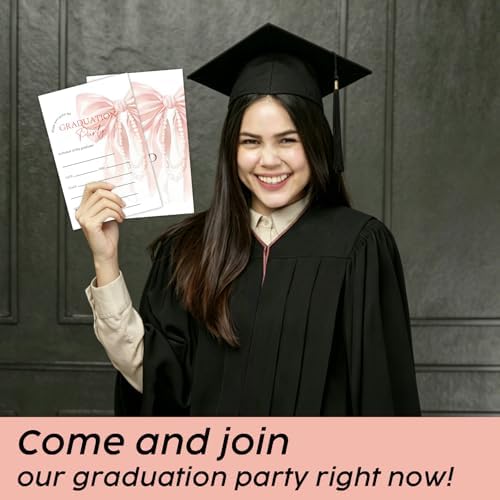 Pink Bow Graduation Invitations 2026 with Envelopes - 20 Pack Class of 2026 Graduation Party Invitations, 4x6 Inch Fill-in Graduation Announcements for High School or College - A08