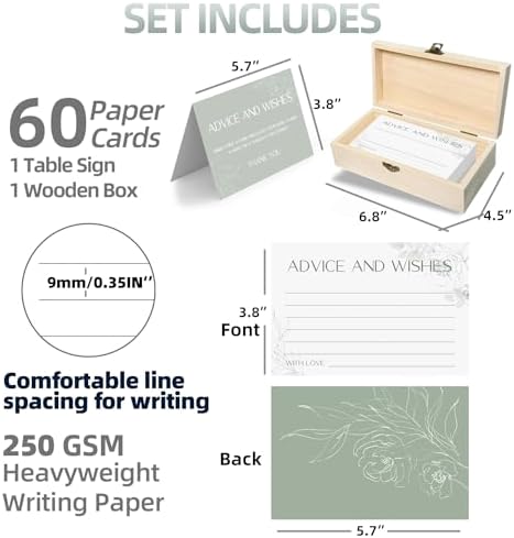 Advice and Wishes for Mr and Mrs - 60 Sage Green Floral Wedding Cards with Wooden Keepsake Box - Elegant Bridal Shower, Anniversary and Graduation Message Set